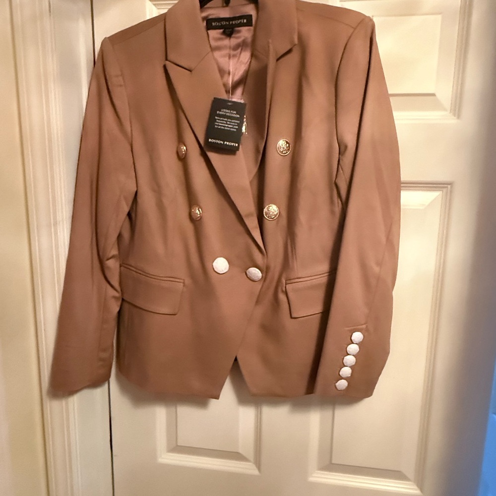 Boston Proper Women's Tan Blazer with Gold Buttons